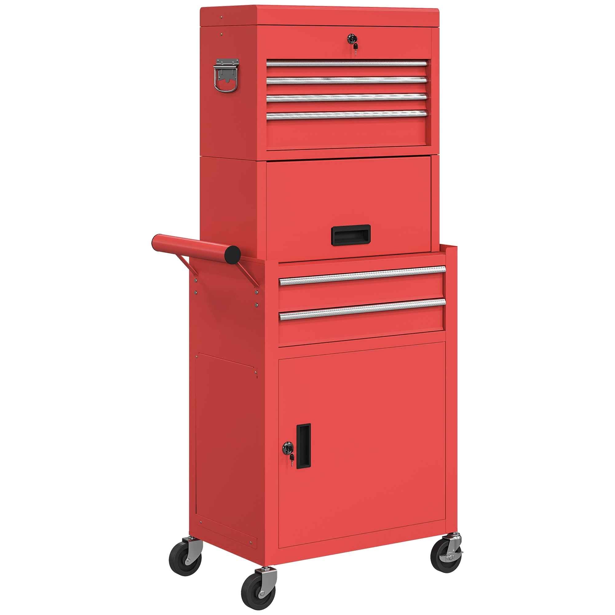 HOMCOM Steel Tool Cart with Lock, 6 Drawers, 2 Cabinets, Pegboard, Wheels and Handle, Red