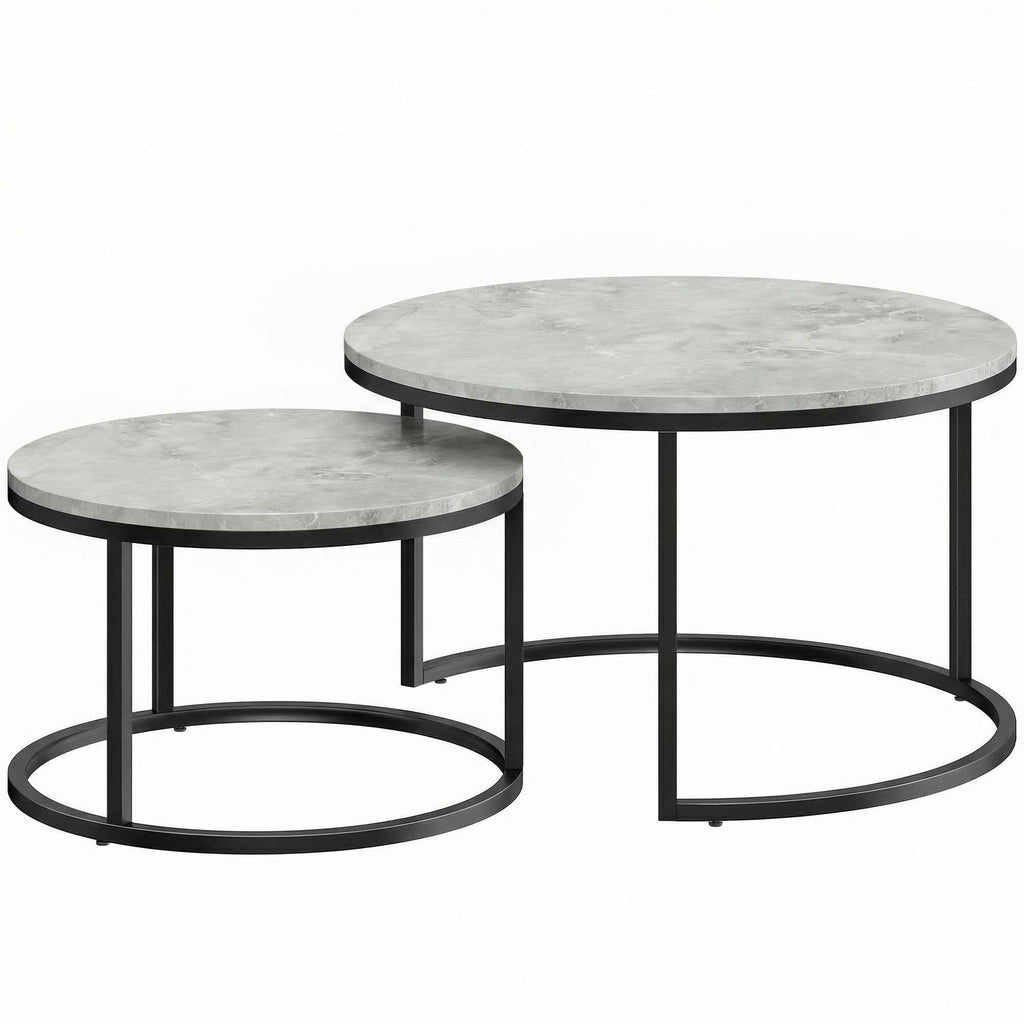 HOMCOM Set of 2 Round Coffee Tables with Marble Effect Top, in Wood and Metal, Marble Grey