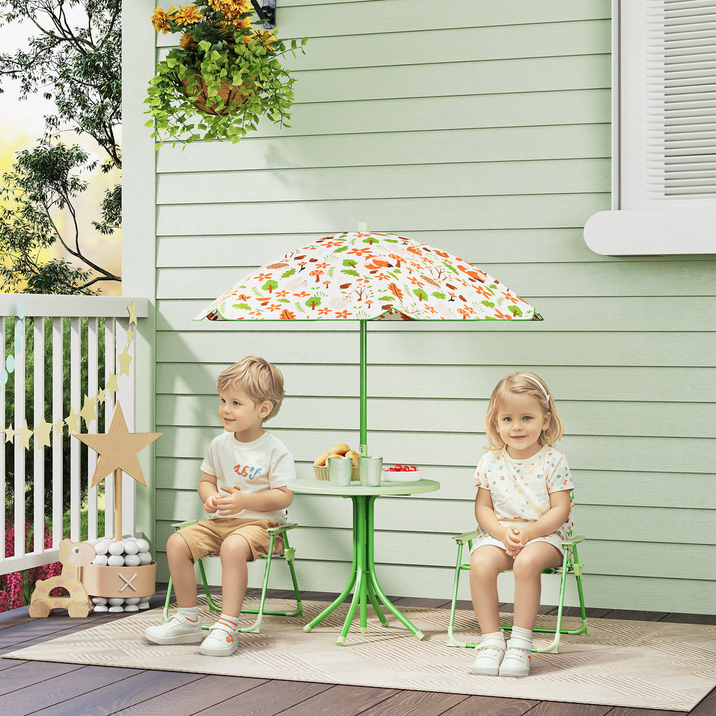 Garden Set for Children 2-5 Years with Round Table, 2 Folding Chairs and a Parasol, Green