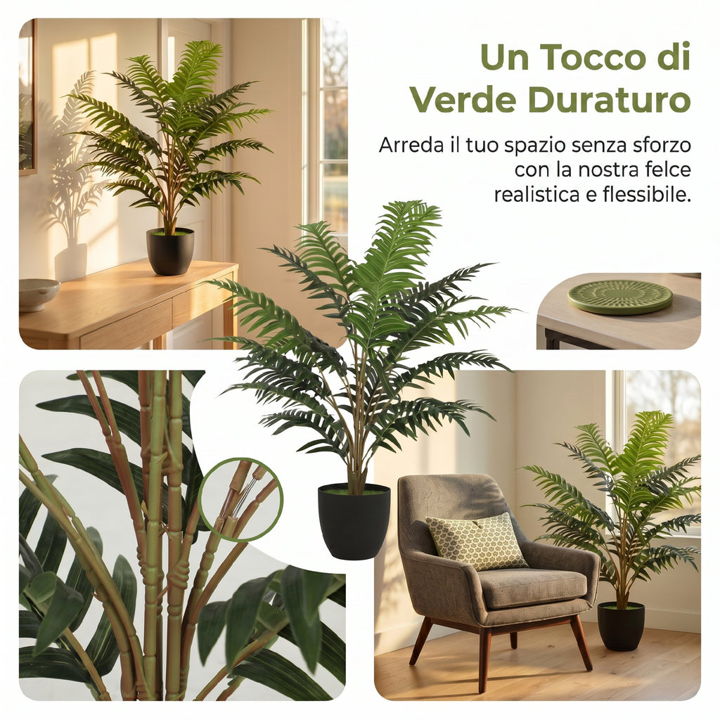 HOMCOM Artificial Fern Plant with 20 PEVA Leaves, Bendable Branches, Black PP and Cement Pot, Green