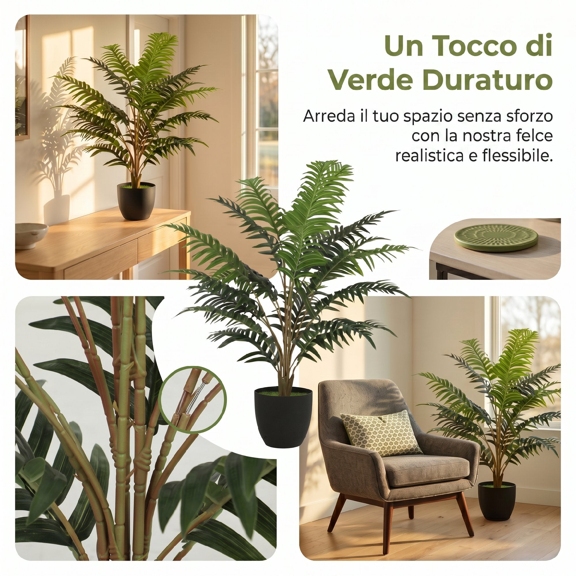 HOMCOM Artificial Fern Plant with 20 PEVA Leaves, Bendable Branches, Black PP and Cement Pot, Green