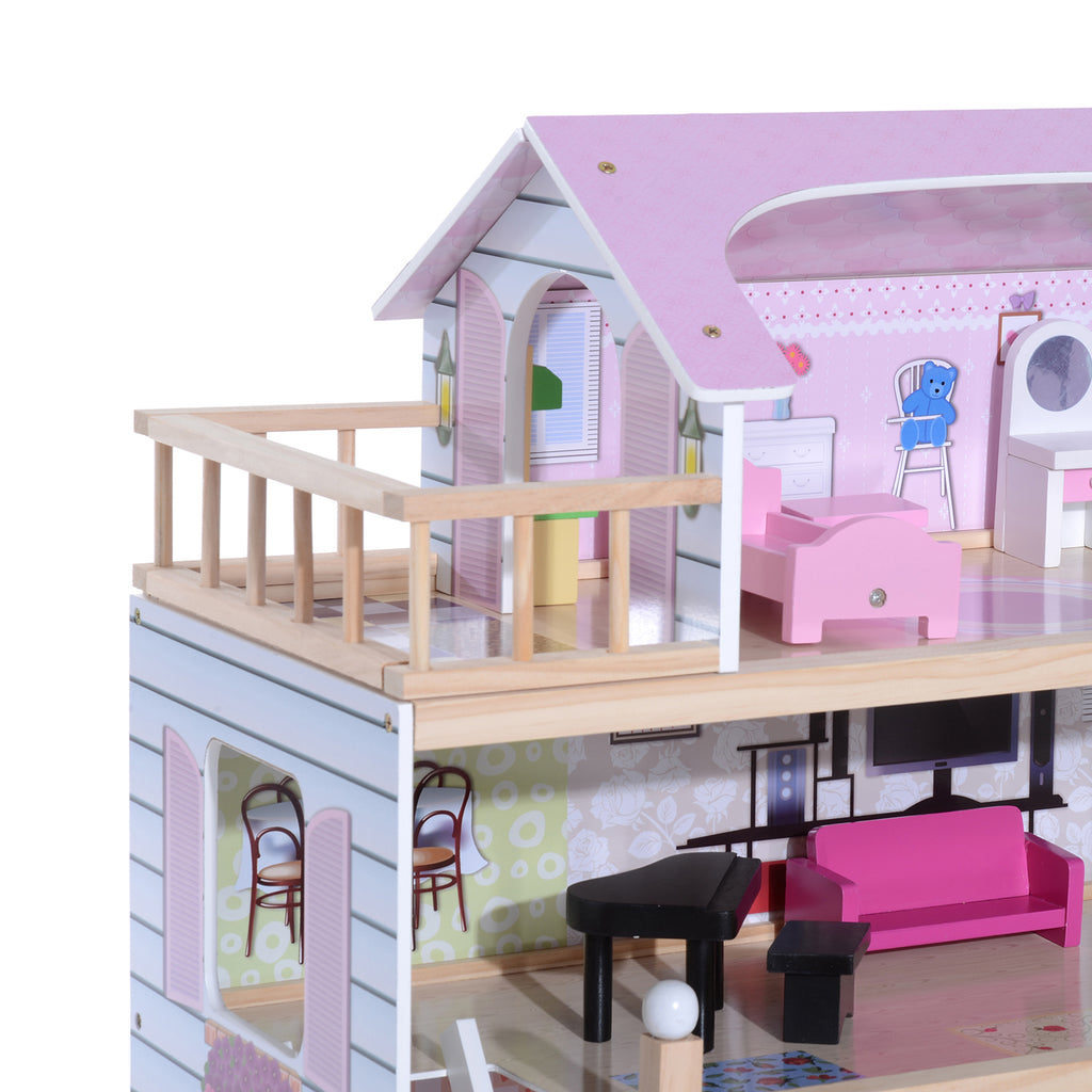 4-Story Dollhouse for Children Ages 3+, Pine Wood and MDF, with 13 Accessories, Pink, 60x30x80 cm