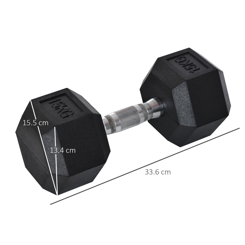 15 kg Hexagonal Dumbbell with Non-Slip Grip, Steel and Rubber, Ø15.5 x 33.6 cm, Black
