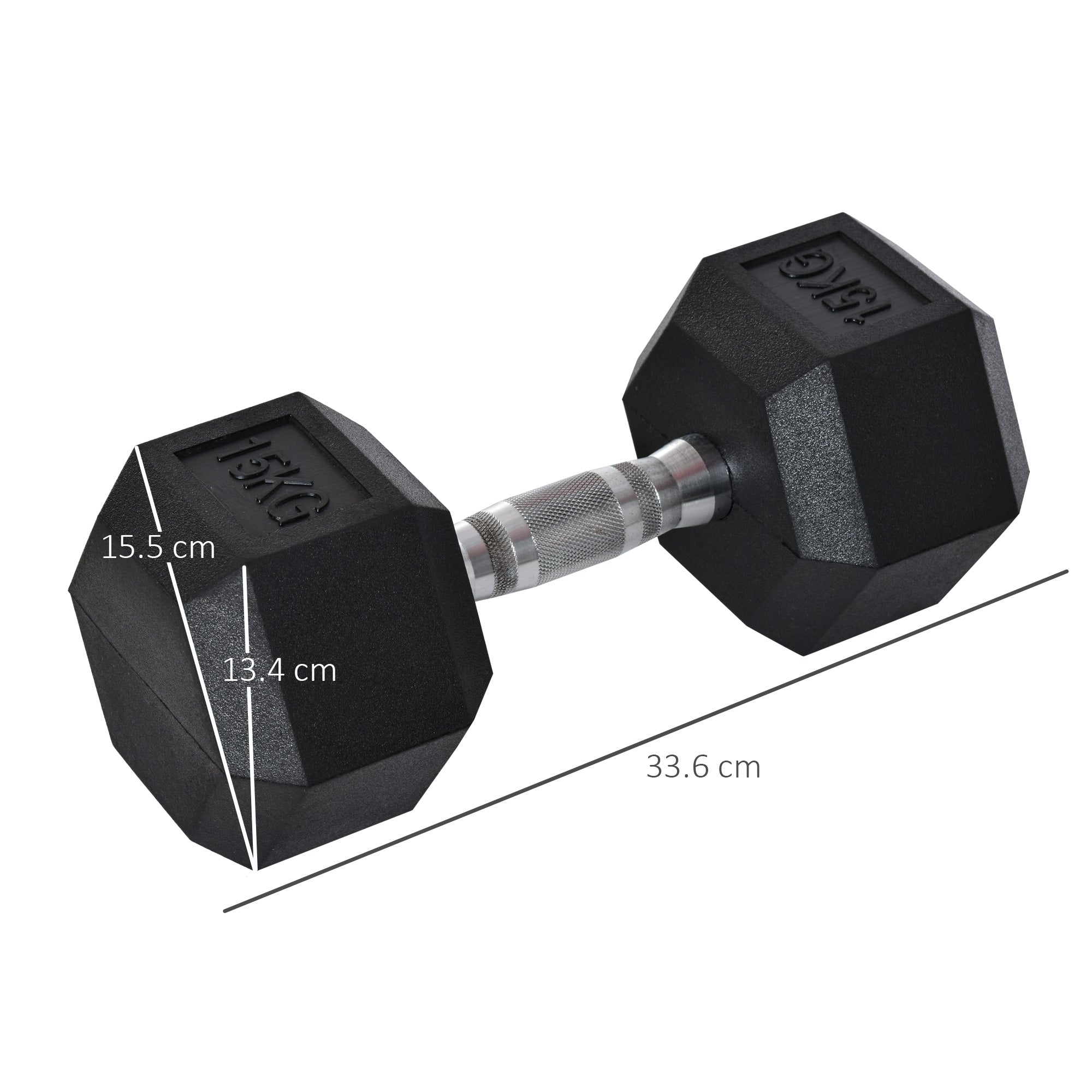 15 kg Hexagonal Dumbbell with Non-Slip Grip, Steel and Rubber, Ø15.5 x 33.6 cm, Black
