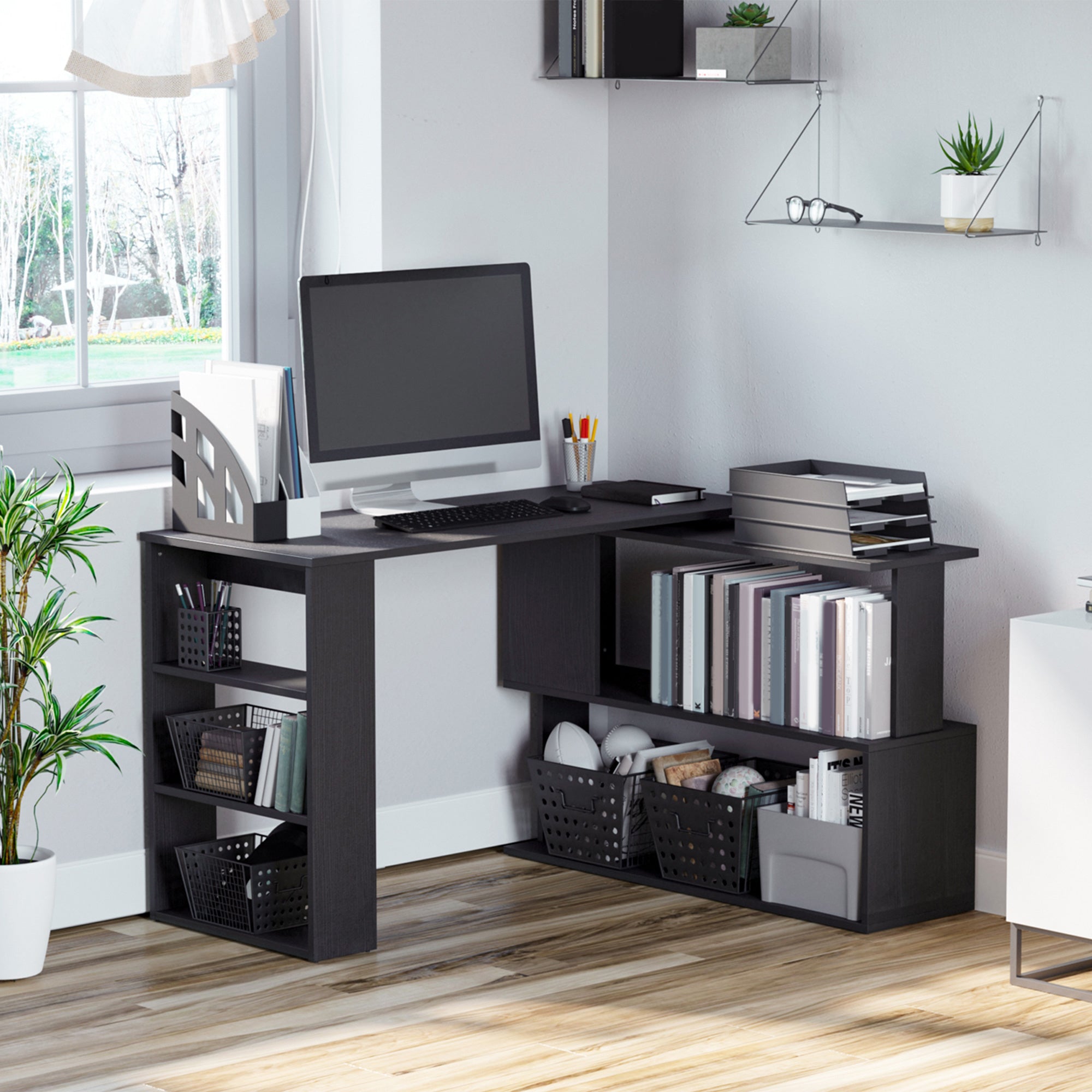 Corner Desk with 360° Swivel Top and 5 Shelves, 120x110x74.5 cm, Black