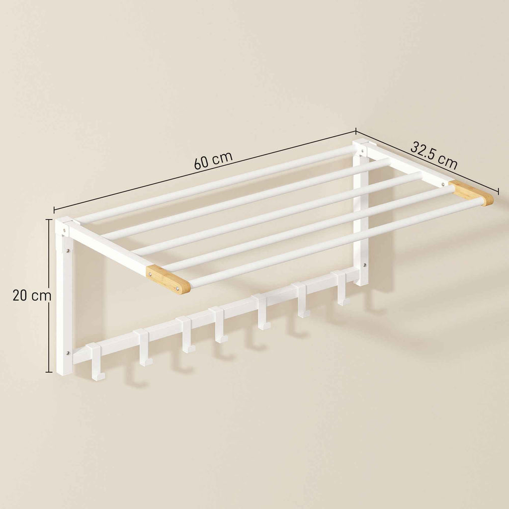 HOMCOM Folding Wall-Mounted Towel Rack with 5 Bars and 6 Hooks in Wood and Steel, 60x32.5x20 cm, White