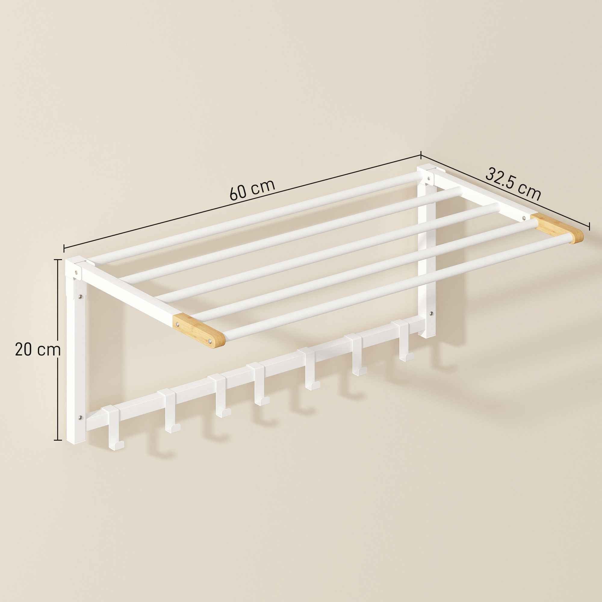 HOMCOM Folding Wall-Mounted Towel Rack with 5 Bars and 6 Hooks in Wood and Steel, 60x32.5x20 cm, White