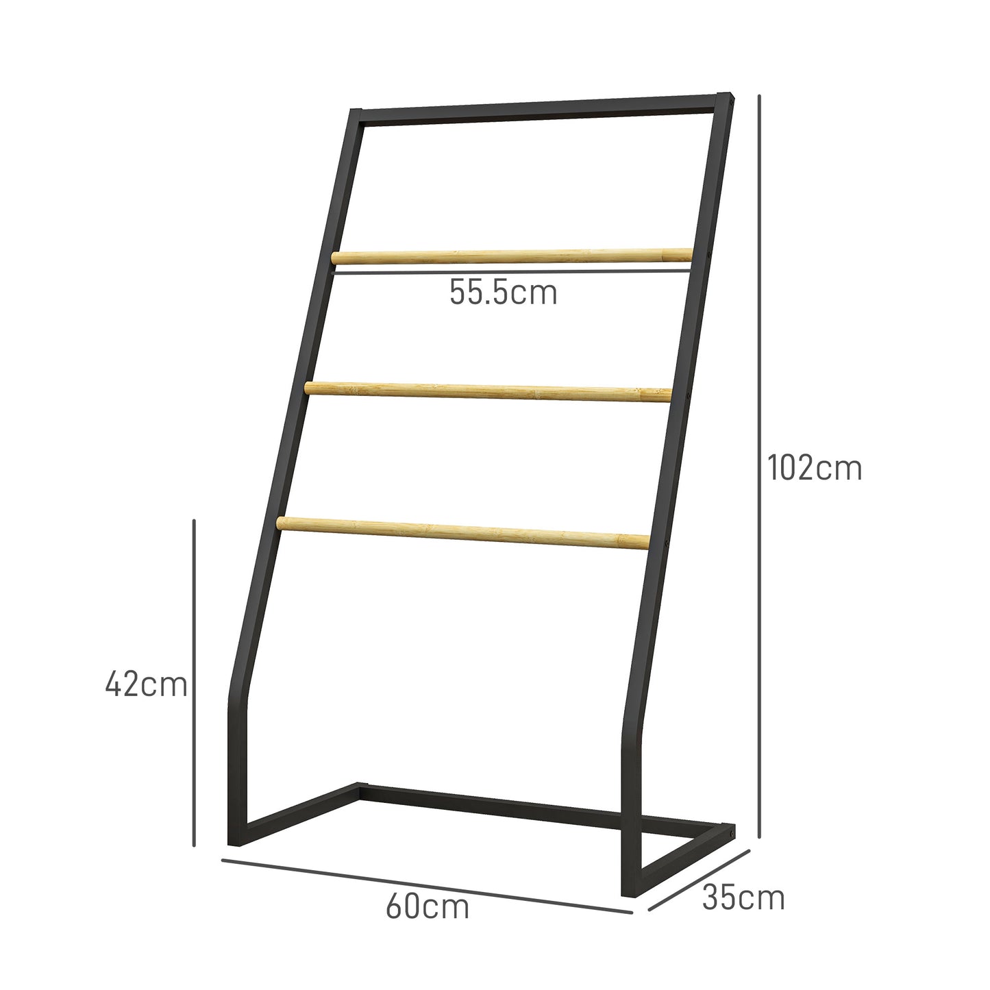 4-Bar Towel Rack in Steel and Bamboo, 60x35x102 cm, Black and Wood Color