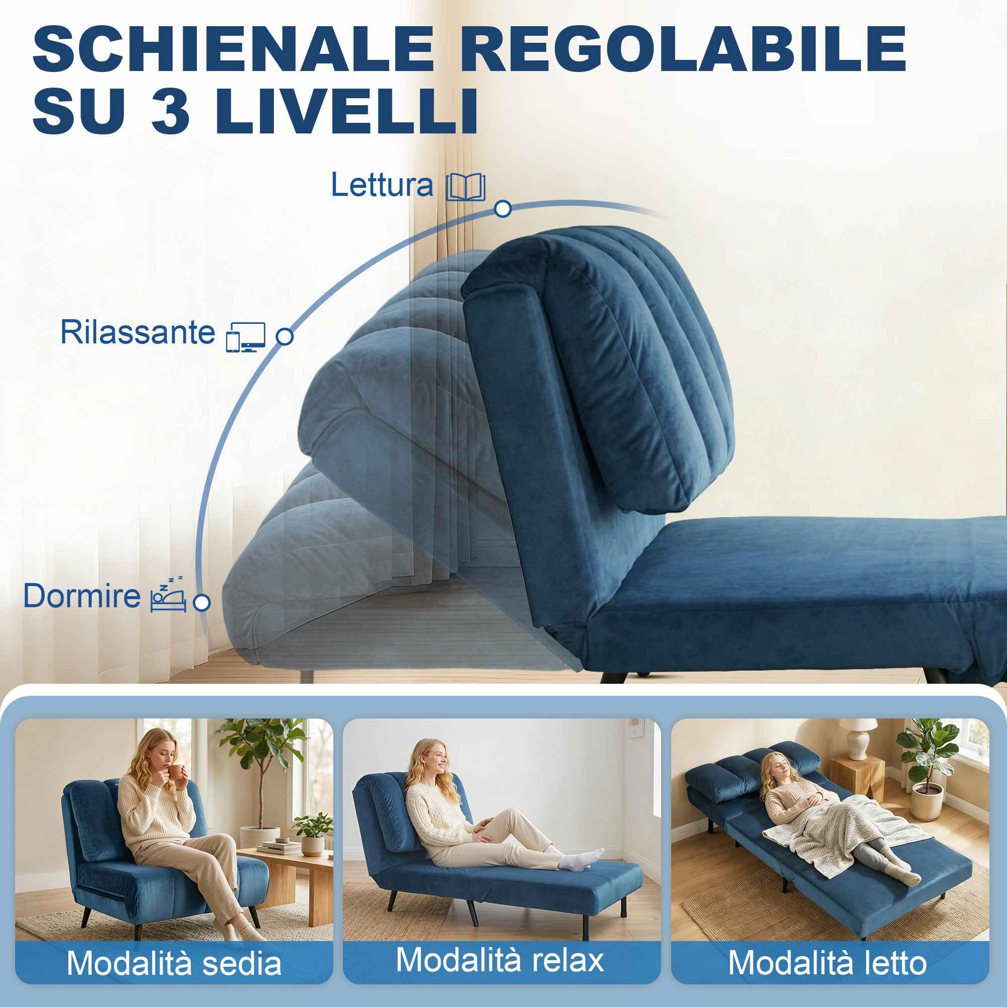 Folding Convertible Sofa Bed with Adjustable Backrest, Blue