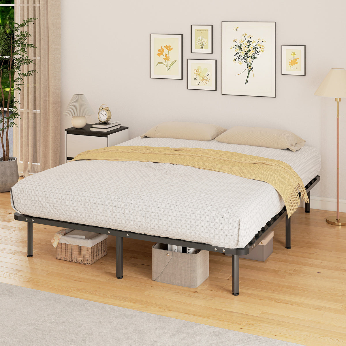 HOMCOM Industrial Double Bed with 28 Slats and Storage Space, in Wood and Steel, 190x160x31 cm, Black and Wood