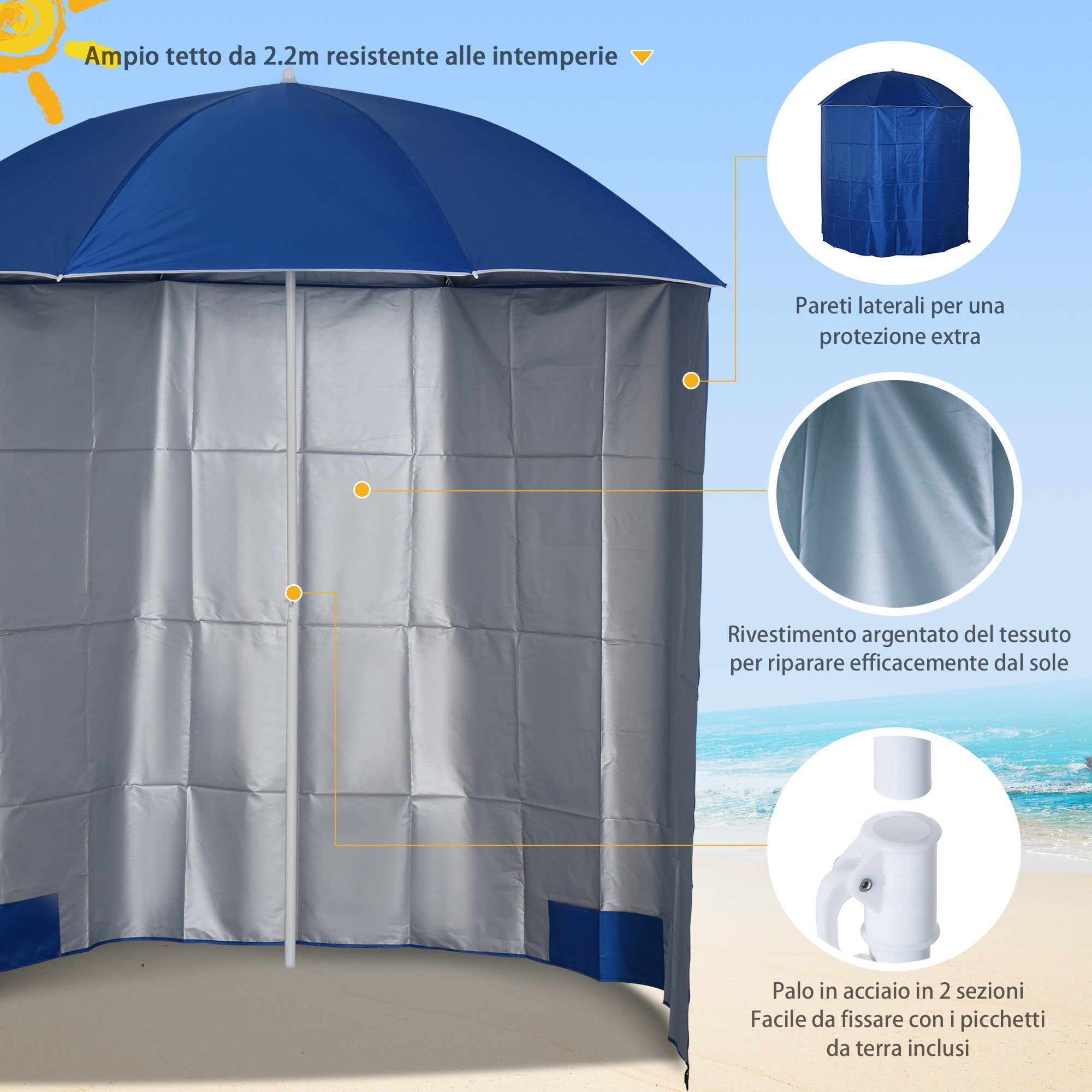 Beach Umbrella with Integrated Awning, in Metal and Polyester, Ø220x220 cm, Blue