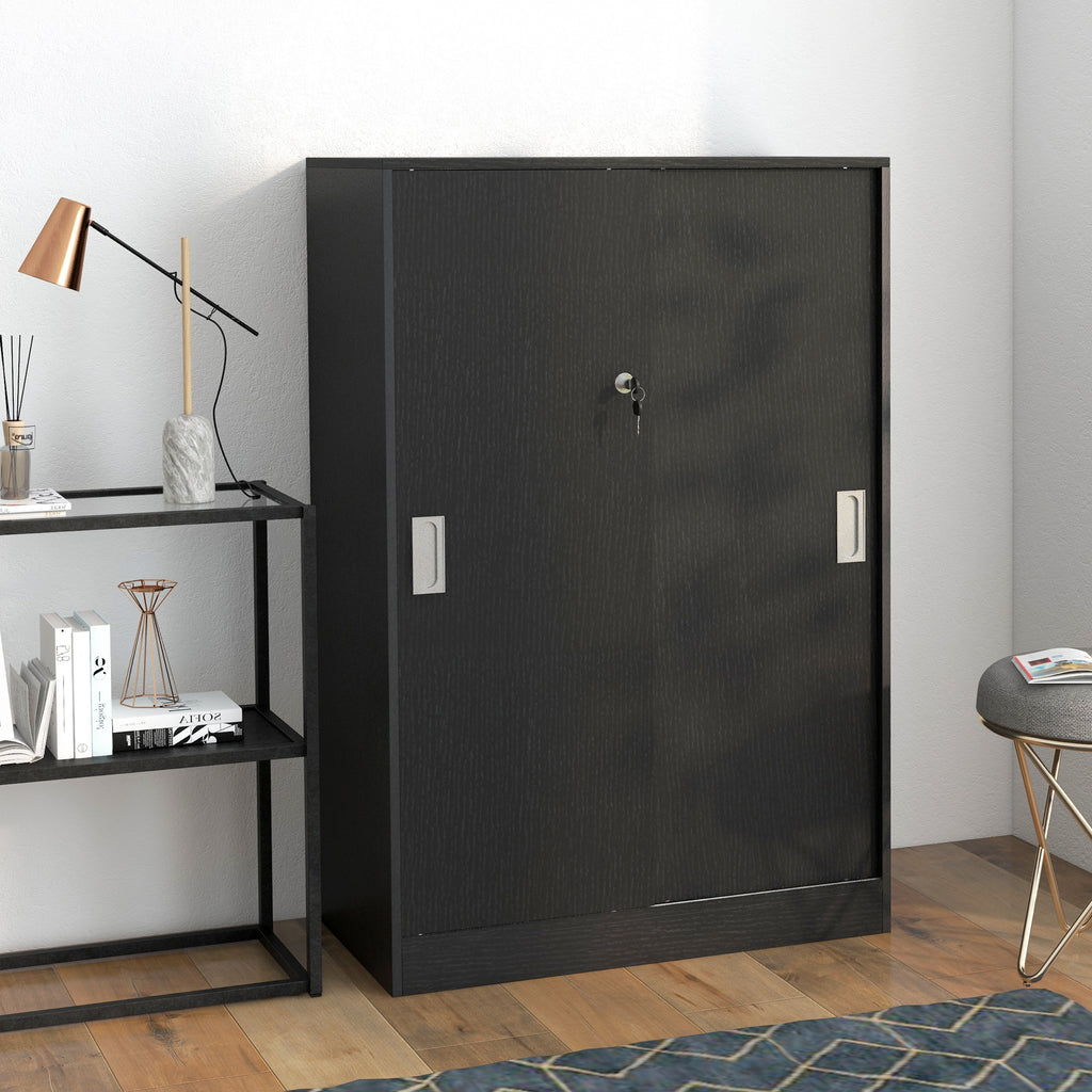 3-Shelf Office Cabinet with 2 Security Keys and Sliding Doors, 80x40x120 cm, Black