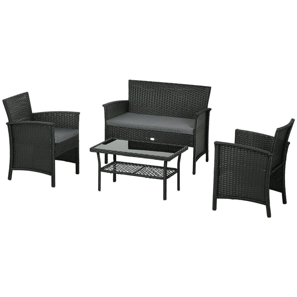 PE Rattan Outdoor Lounge with Sofa, 2 Armchairs with Cushions and Glass Coffee Table, Black and Gray - Borgè