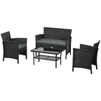 PE Rattan Outdoor Lounge with Sofa, 2 Armchairs with Cushions and Glass Coffee Table, Black and Gray - Borgè