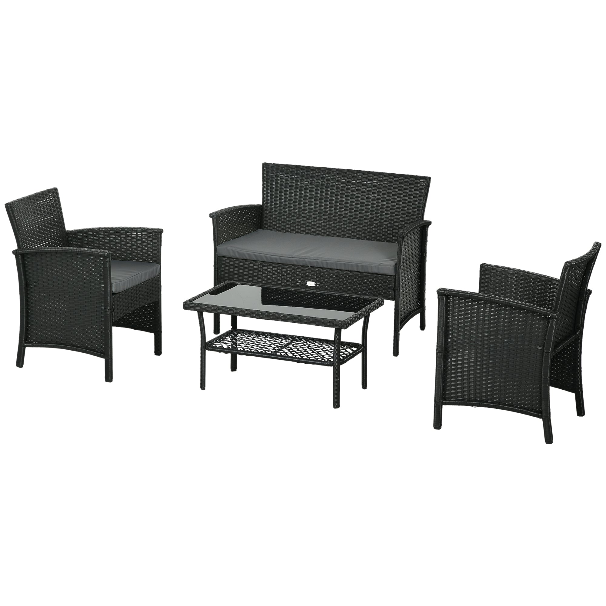 PE Rattan Outdoor Lounge with Sofa, 2 Armchairs with Cushions and Glass Coffee Table, Black and Gray - Borgè