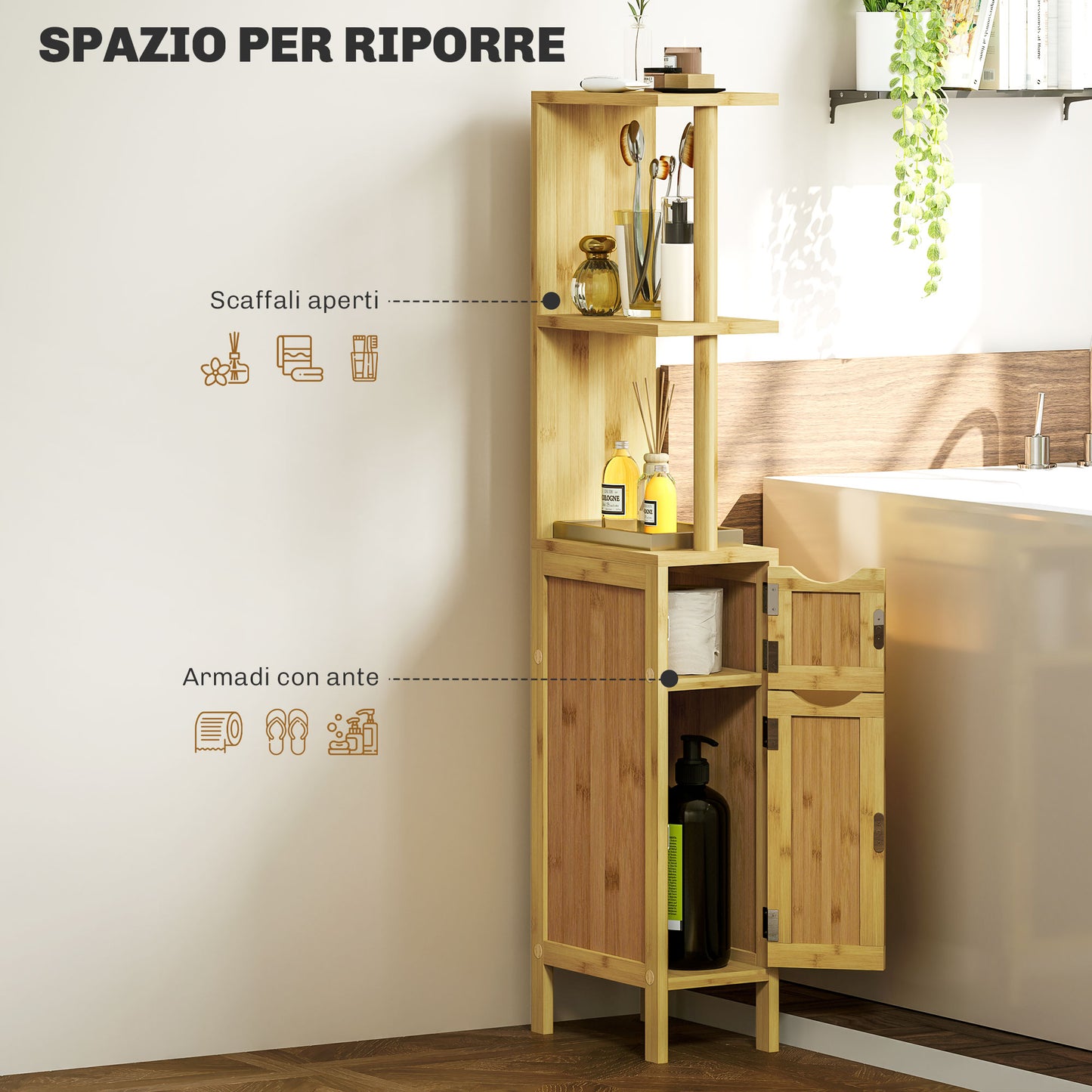 Bathroom Column with Open Shelves and Cabinets with Magnetic Doors, 18x30x120 cm, Wood Color