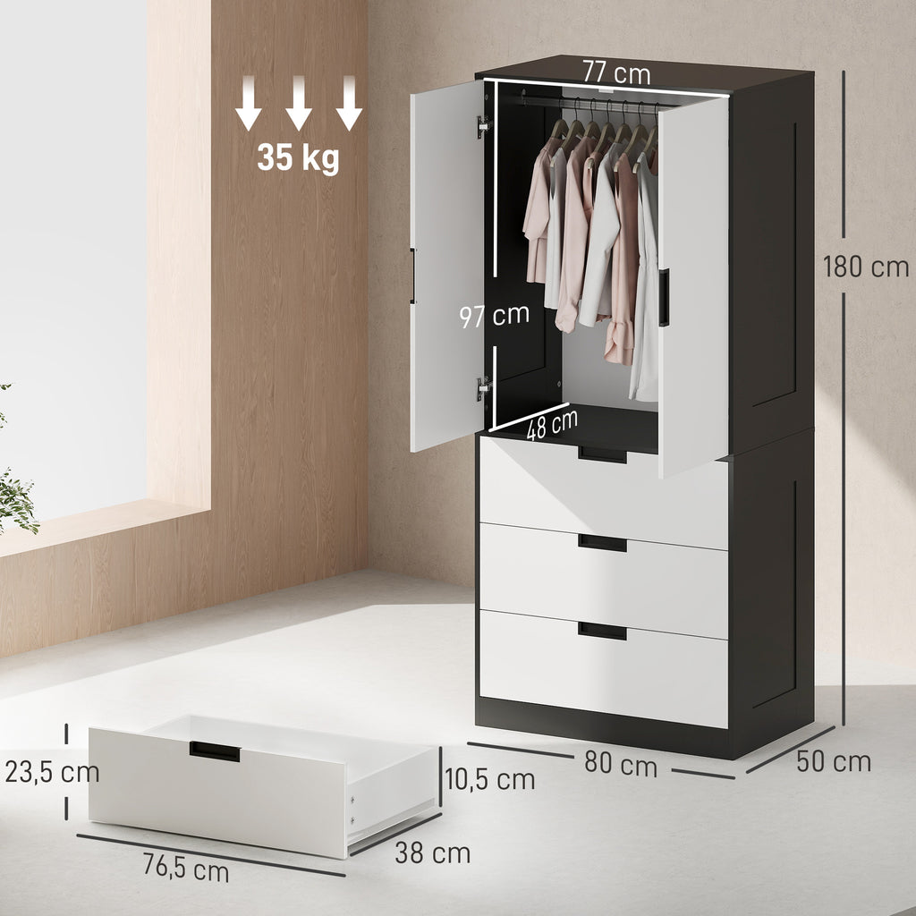 HOMCOM 2-Door Wardrobe with 3 Drawers, Modern Closet with Hanging Rail, for Bedroom, Black and White