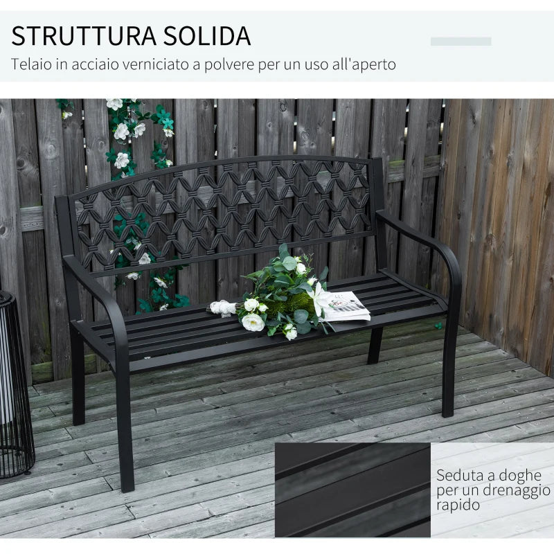 2-Seater Outdoor Bench with Armrests in Steel and Cast Iron, 128x58.5x89cm, Black - Borge' Group Limited
