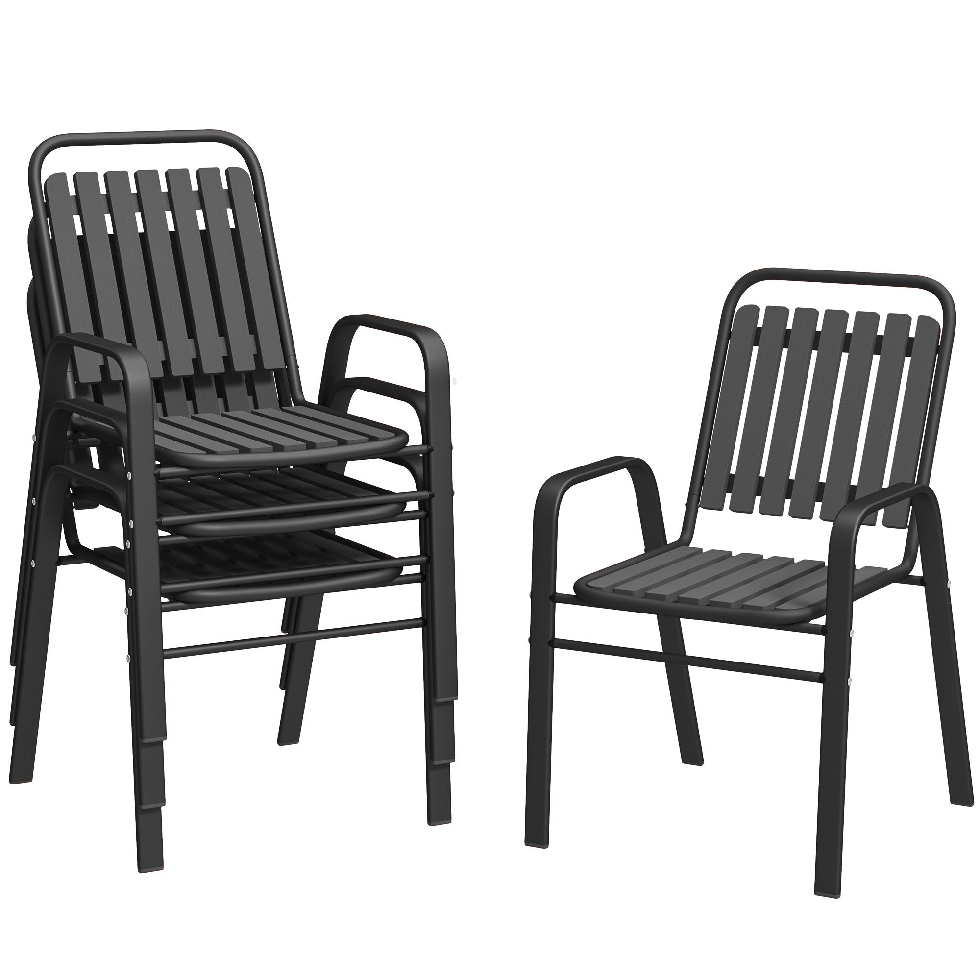 Outsunny Set of 4 Stackable Garden Chairs with High Backrest and Armrests, in PP and Steel, 56x66x91 cm, Black