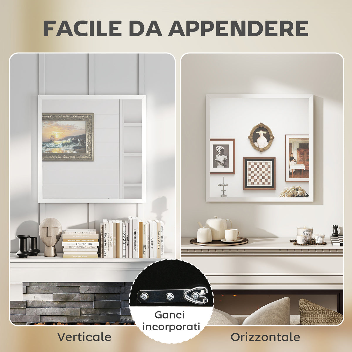 HOMCOM Rectangular Wall Mirror with Hooks, Glass and MDF Wall Mirror, 50x50 cm, White