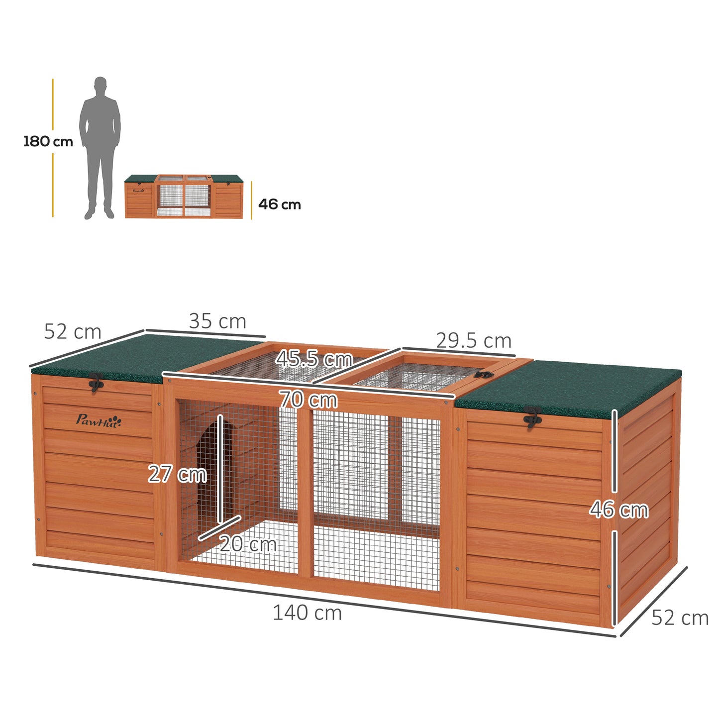 Wooden Hutch with 2 Houses, Central Fence and Opening Roof, 140x52x46cm, Orange - Borgè