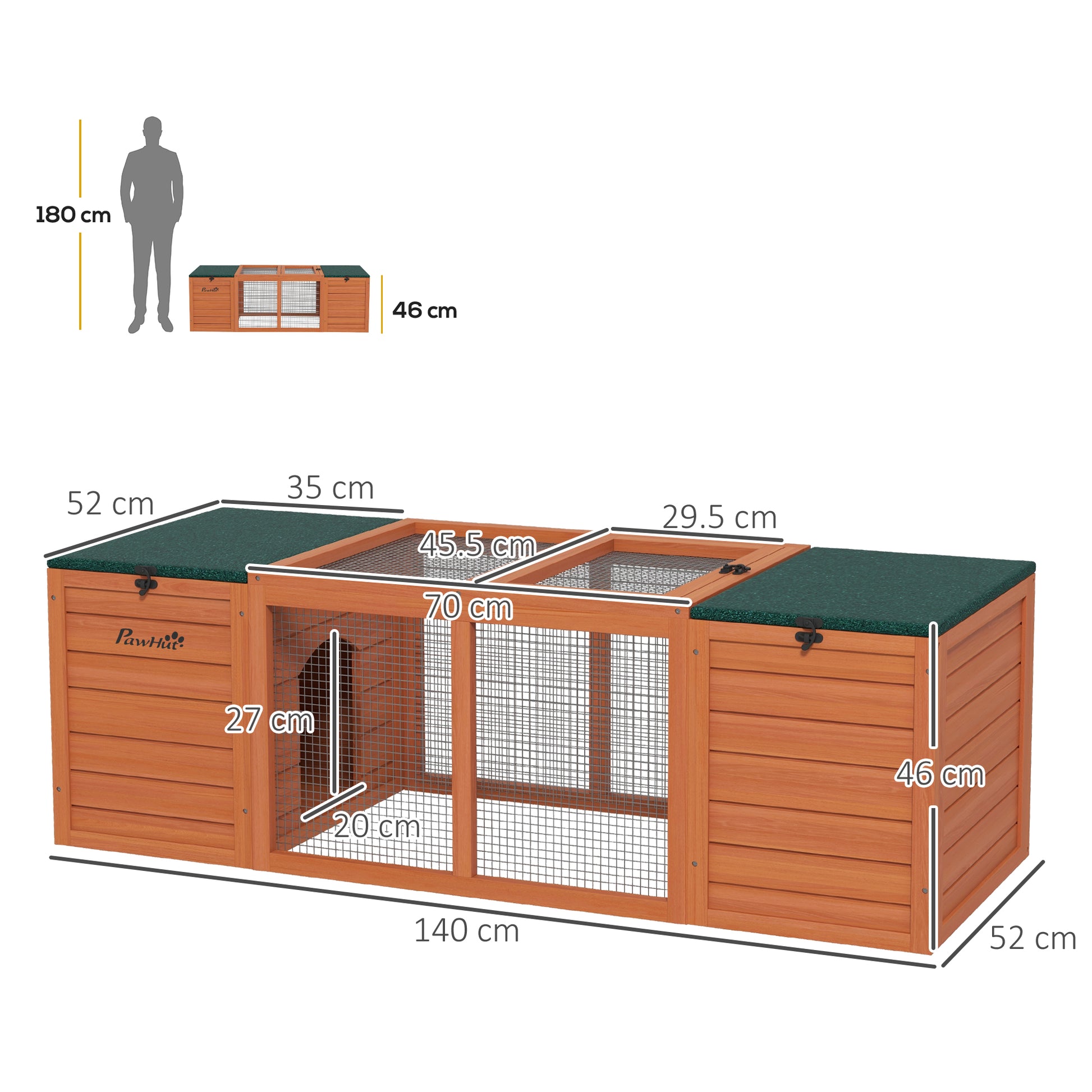 Wooden Hutch with 2 Houses, Central Fence and Opening Roof, 140x52x46cm, Orange - Borgè