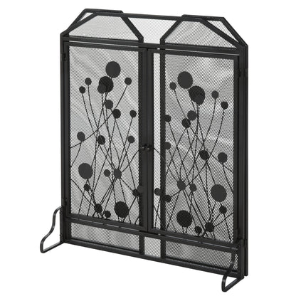 Foldable Spark Screen for Fireplace in Steel and Black Metal with 2 Magnetic Closing Doors, 125x80cm