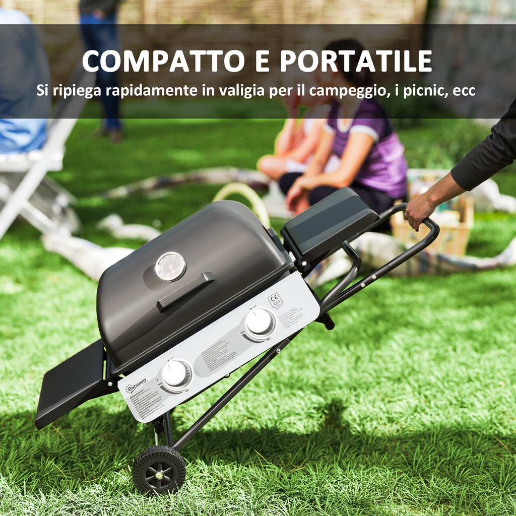 Portable Gas Barbecue with 2 Burners and 2 Side Tables, Lid with Thermometer and Wheels, Black