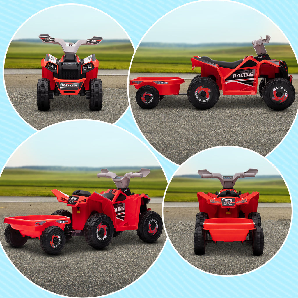HOMCOM Electric Quad Bike for Kids with Trailer, Pedal, Forward and Reverse Gears, 2.5 km/h, for 18-36 Months, Red