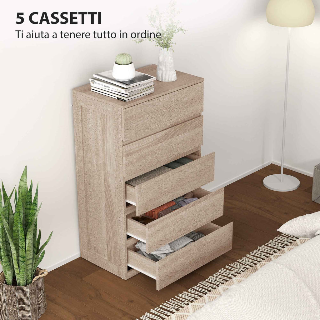 HOMCOM 5-Drawer Wooden Chest of Drawers with Metal Rails and Grooved Handles, 60x39x100 cm, Beech Color
