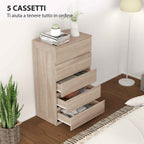 HOMCOM 5-Drawer Wooden Chest of Drawers with Metal Rails and Grooved Handles, 60x39x100 cm, Beech Color
