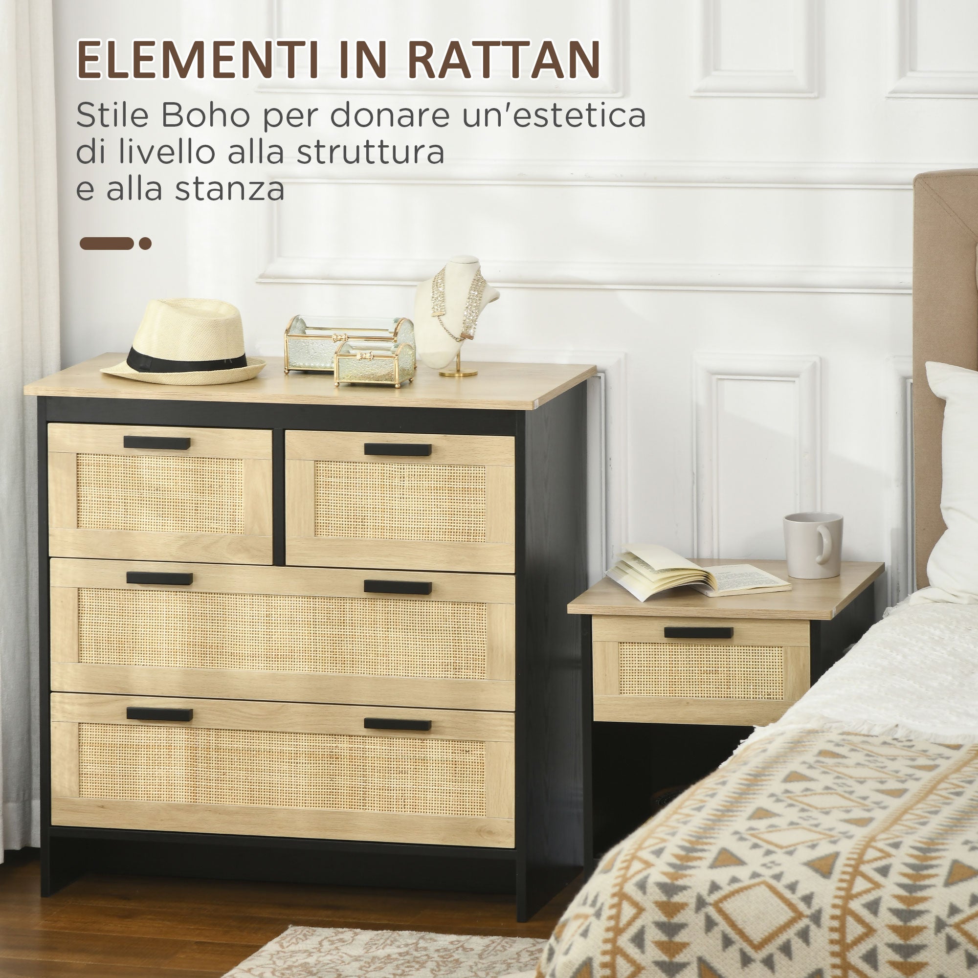 HOMCOM 4-Drawer Chest of Drawers in Chipboard and Rattan for Living Room and Bedroom, 80x38x80 cm