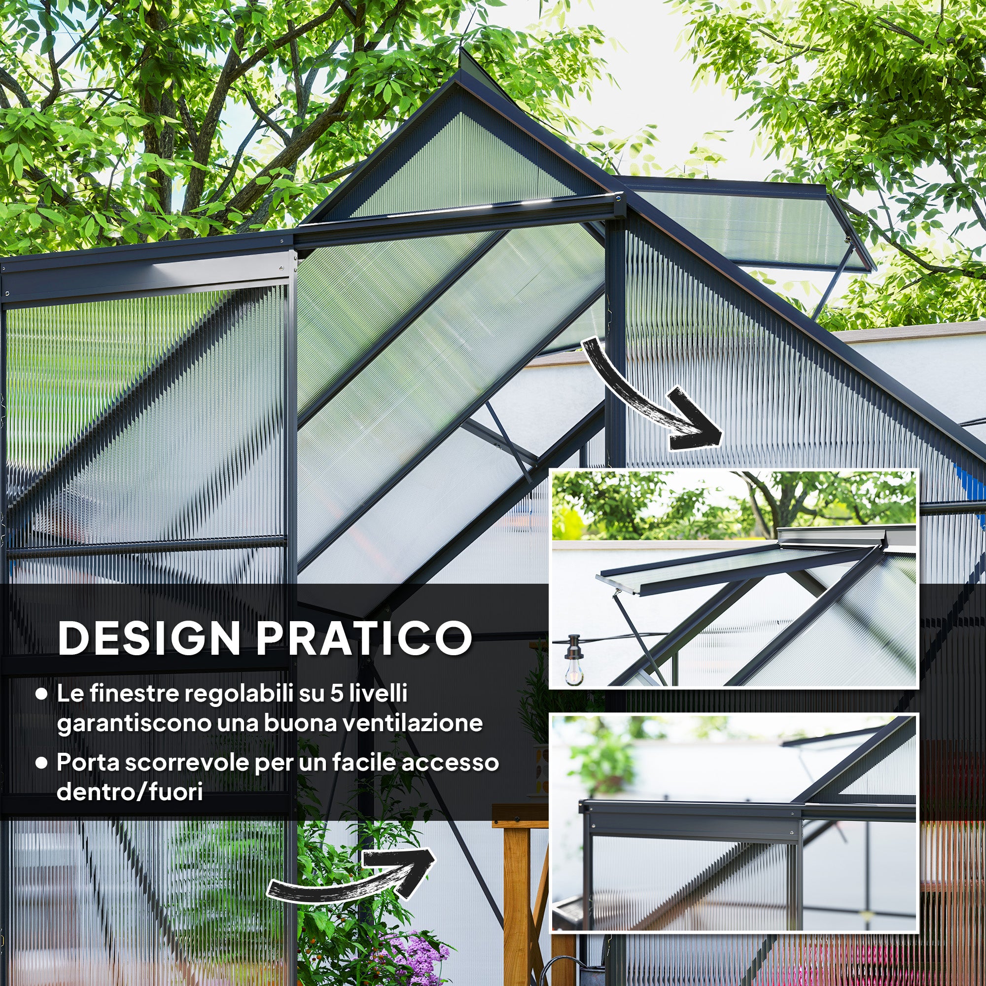 Outsunny 3.6-Inch Polycarbonate and Aluminum Greenhouse with Hinged Door and Roof Window, Gray