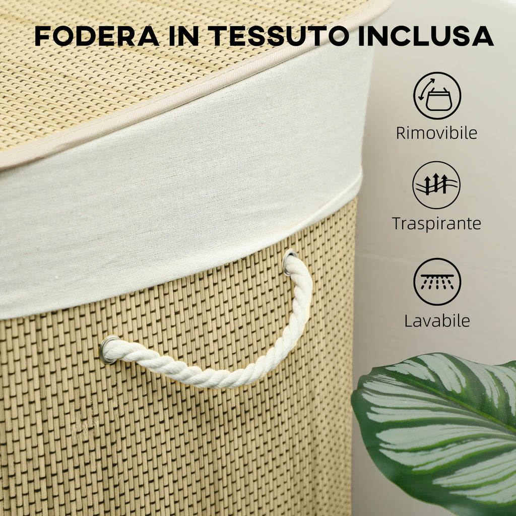 HOMCOM Bamboo Laundry Hamper with Lid, 144L, 3 Compartments, Removable and Washable Bag, Handles, Cream