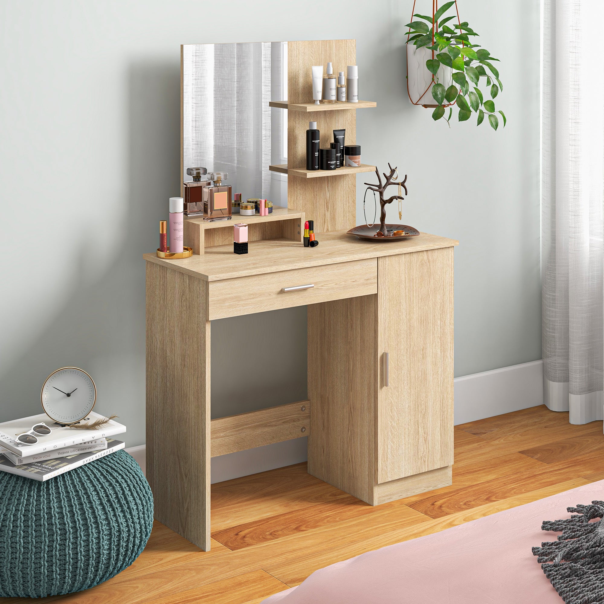 Dressing Table with Cabinet, Drawer, Makeup Mirror and Open Shelves, 90x38x138 cm, Maple