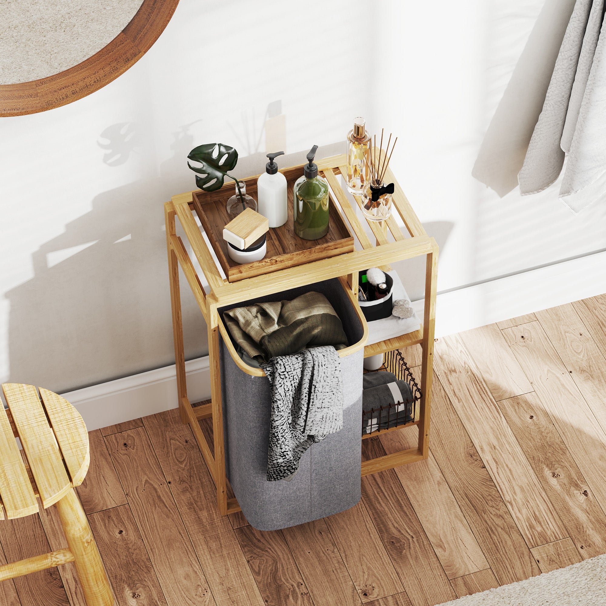 Laundry Basket with Pull-Out Bag and Bamboo Slatted Shelves, 50x32x70 cm, Grey