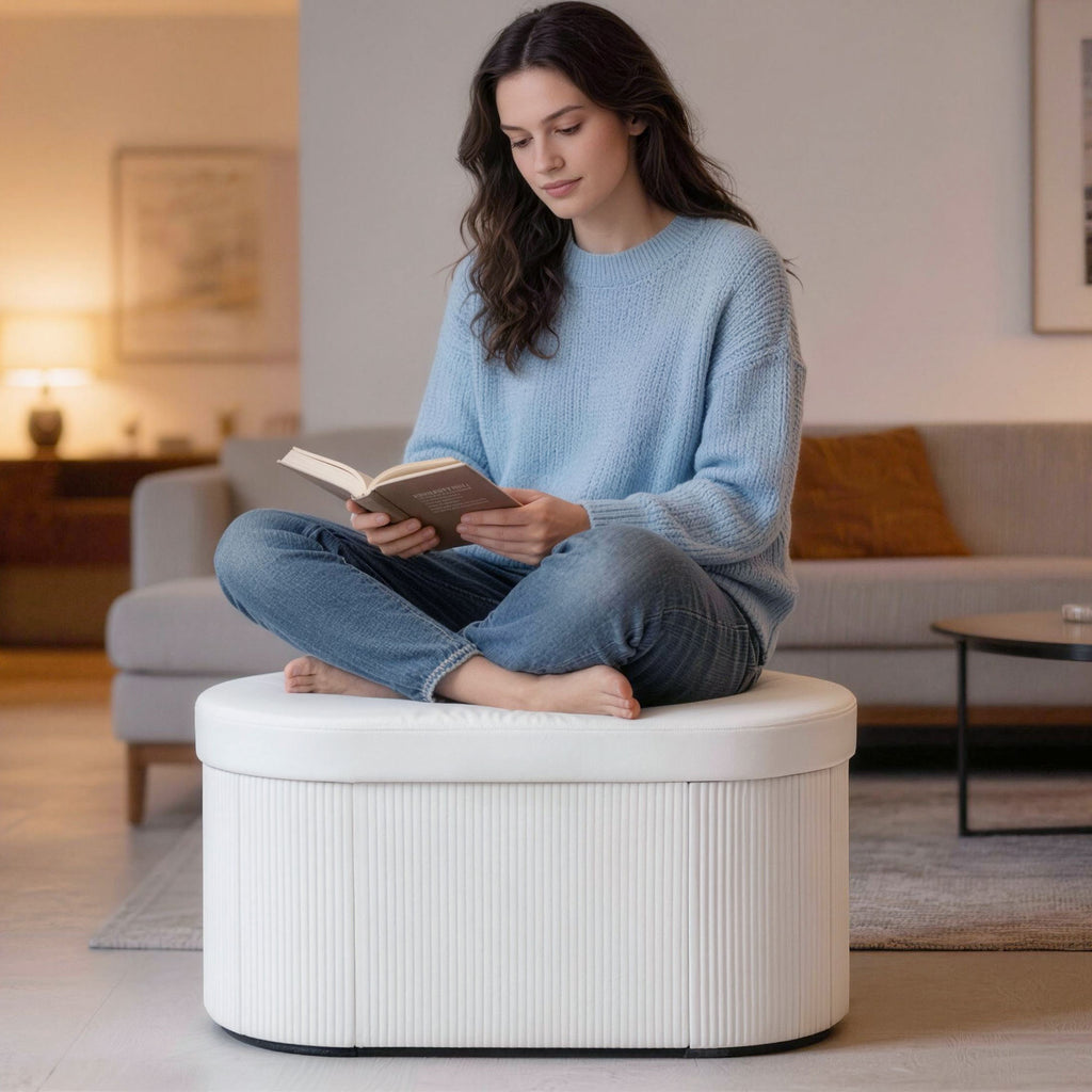HOMCOM Foldable Storage Ottoman with 72L Compartment and Velvet Upholstery, 76x38x35 cm, Cream