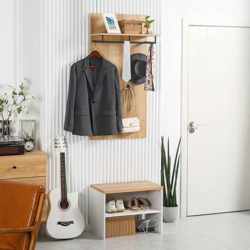 HOMCOM Entryway Cabinet with Low Shoe Rack, Bench and 4-Hook Coat Rack in Chipboard and Steel, 60x28x120 cm