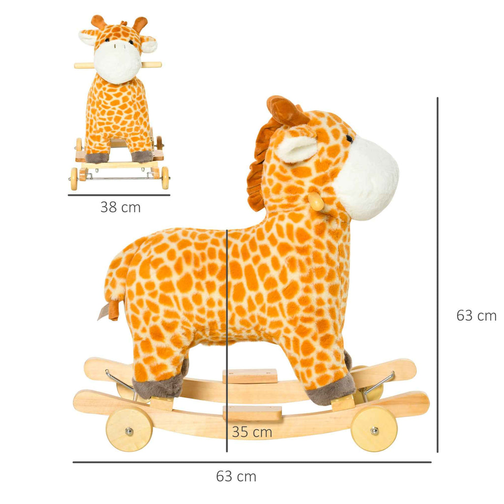 HOMCOM Giraffe Rocking Horse for Children Ages 3-6 with Wheels and Sounds, 63x38x63cm, Yellow