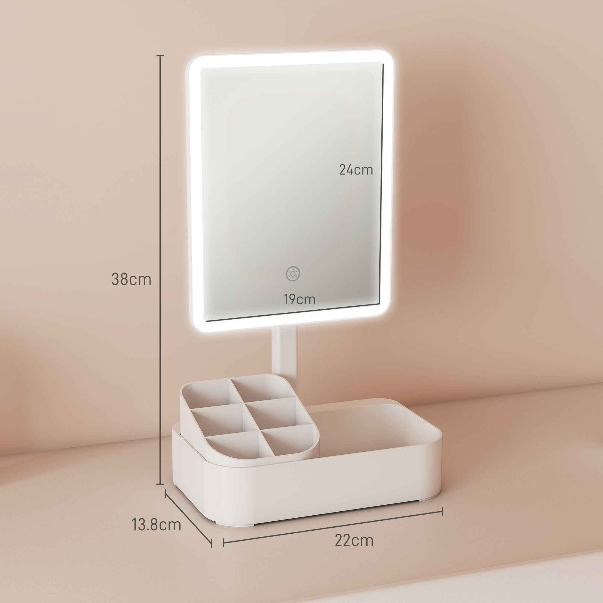 HOMCOM Makeup Mirror with 2-Level Adjustable Light, 180° Rotation and Makeup Organizer, White