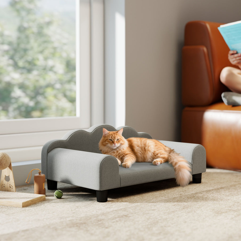 Dog Sofa with Supportive Armrests, Wood and French Terry Fabric, 66x42x28.5 cm, Grey