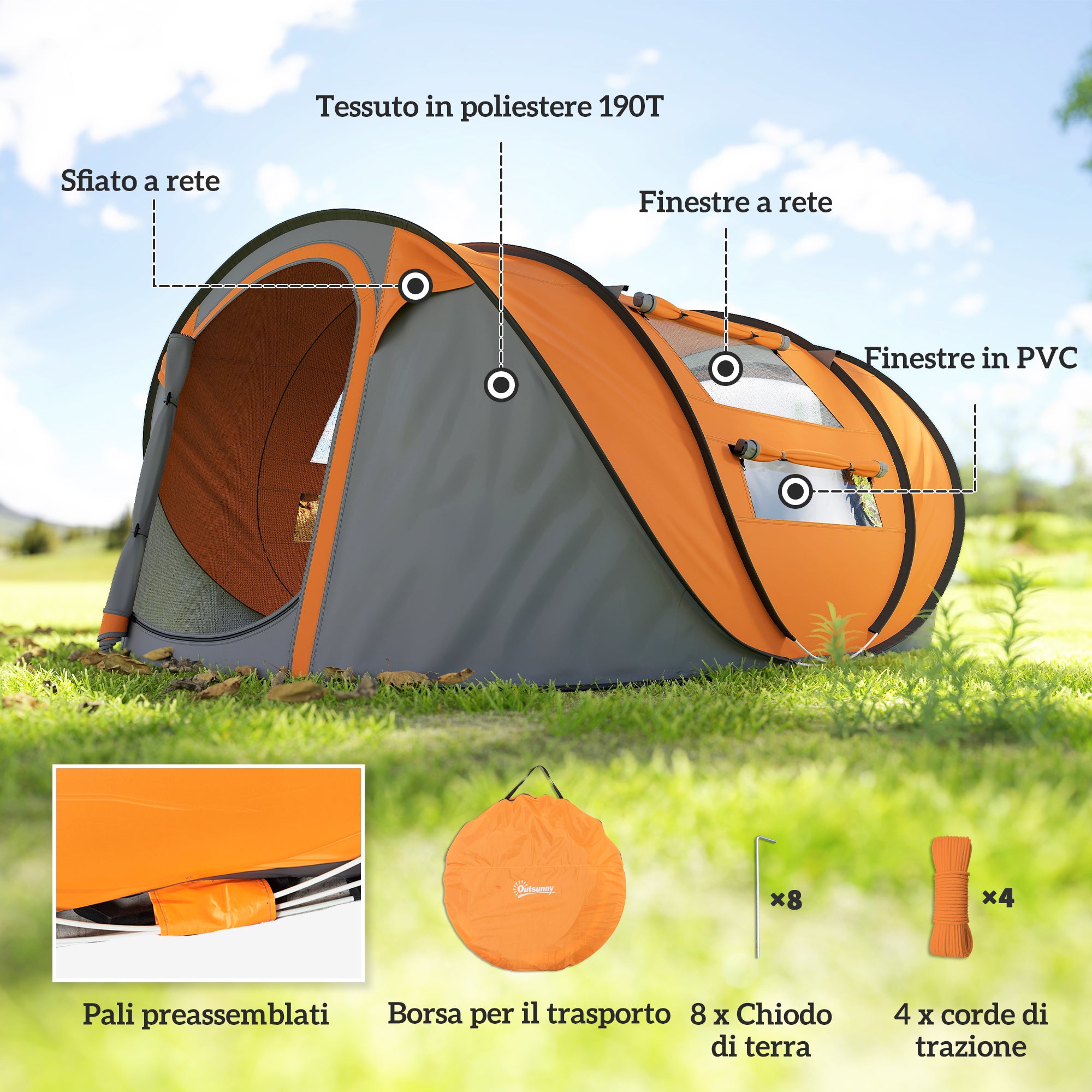 Outsunny 2-Person Pop-Up Camping Tent with 2 Doors, 4 Windows and Waterproof Tarp, 263.5x220x123 cm, Orange