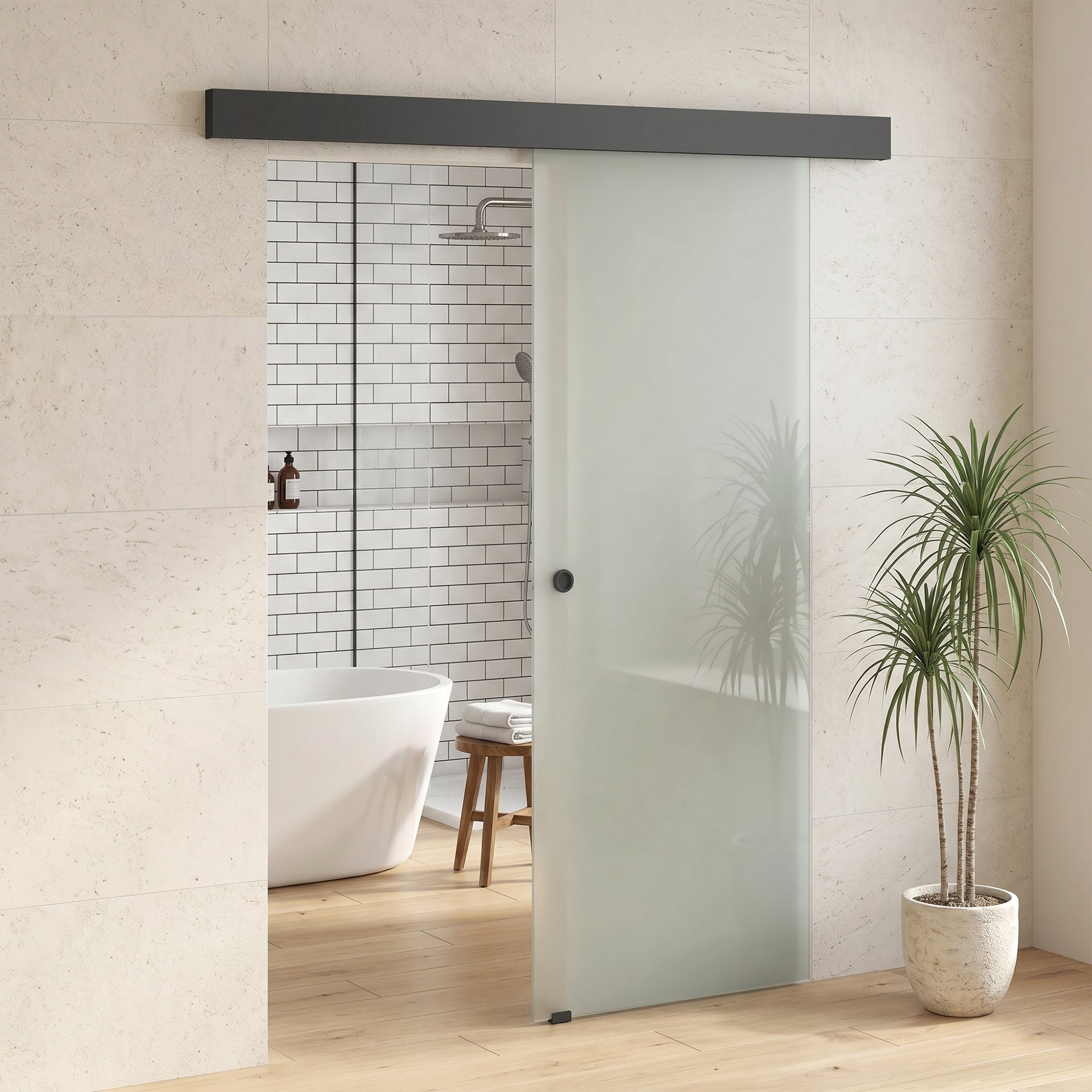 HOMCOM Sliding Door in Sandblasted Tempered Glass with Silent Track and Guide, 77.5x205 cm, Transparent