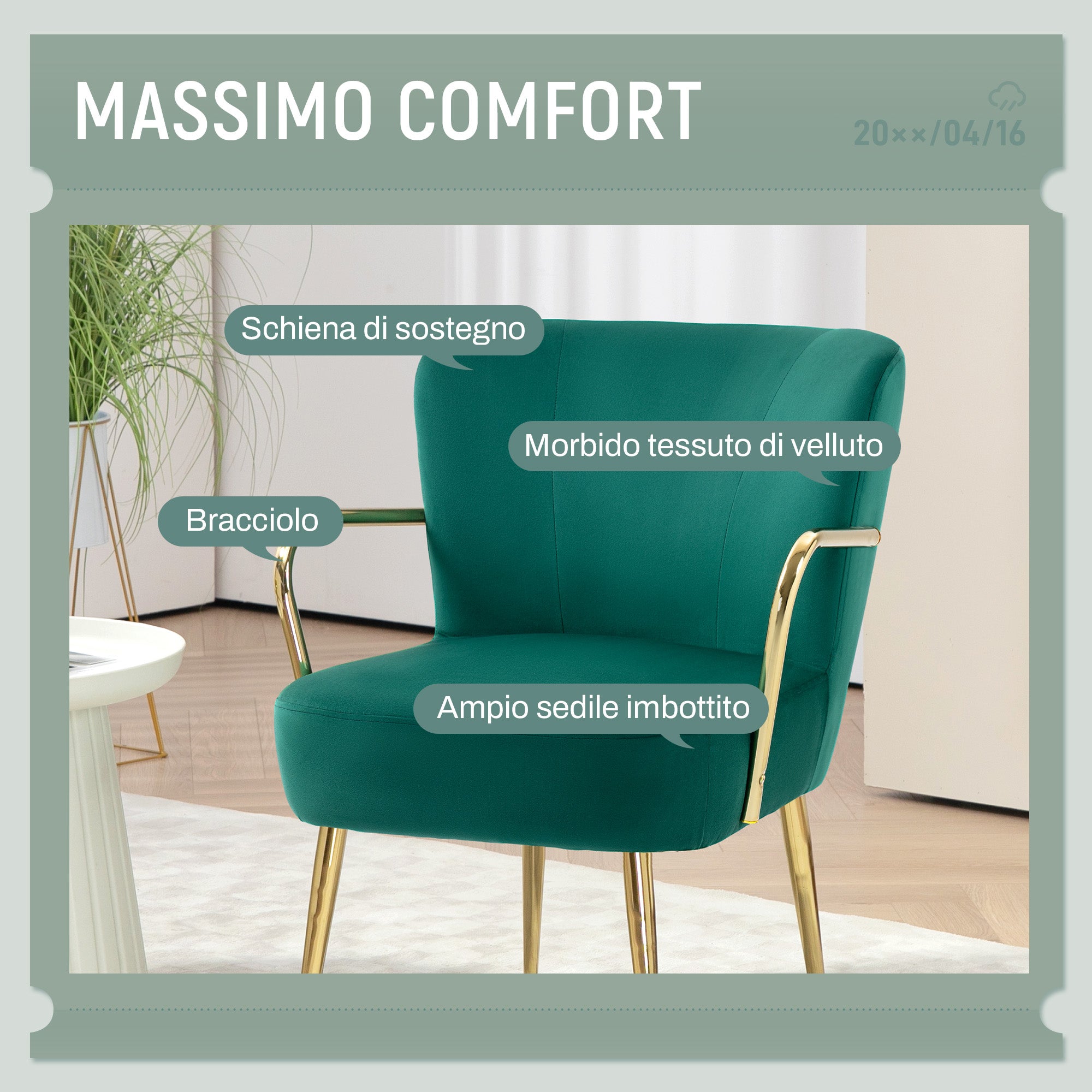 Retro Velvet Bedroom Chair with Armrests, Gold Legs and Padded Seat, Green