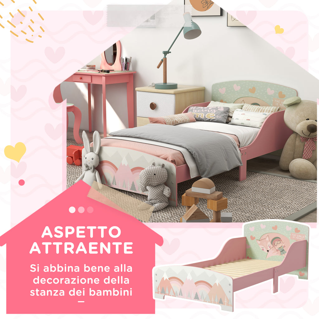 Children's Bed for 3-6 Years with Raised Edges, Slats and Animal Print, 140x70 cm, Pink