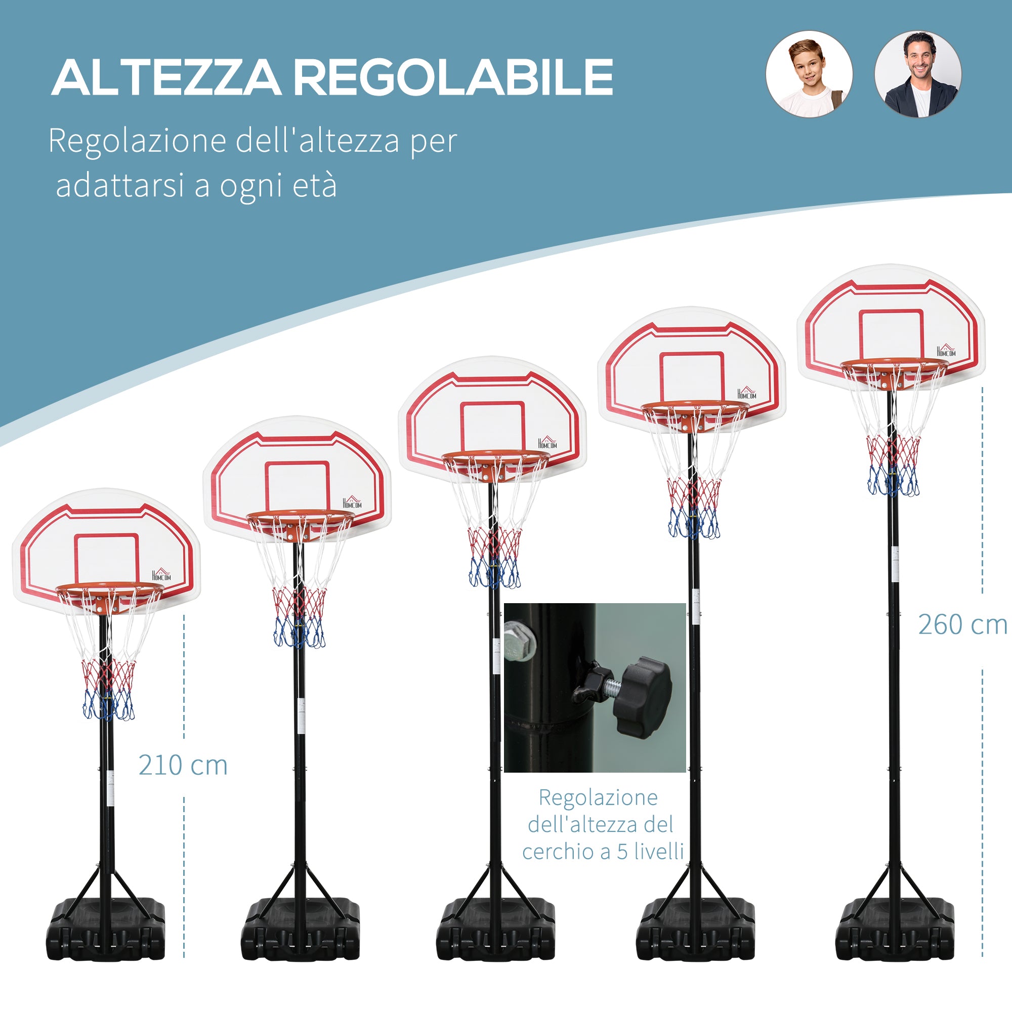 Height Adjustable Basketball Hoop with Fillable Base and 2 Wheels, in Steel, PE and HDPE, 70x45x2 cm