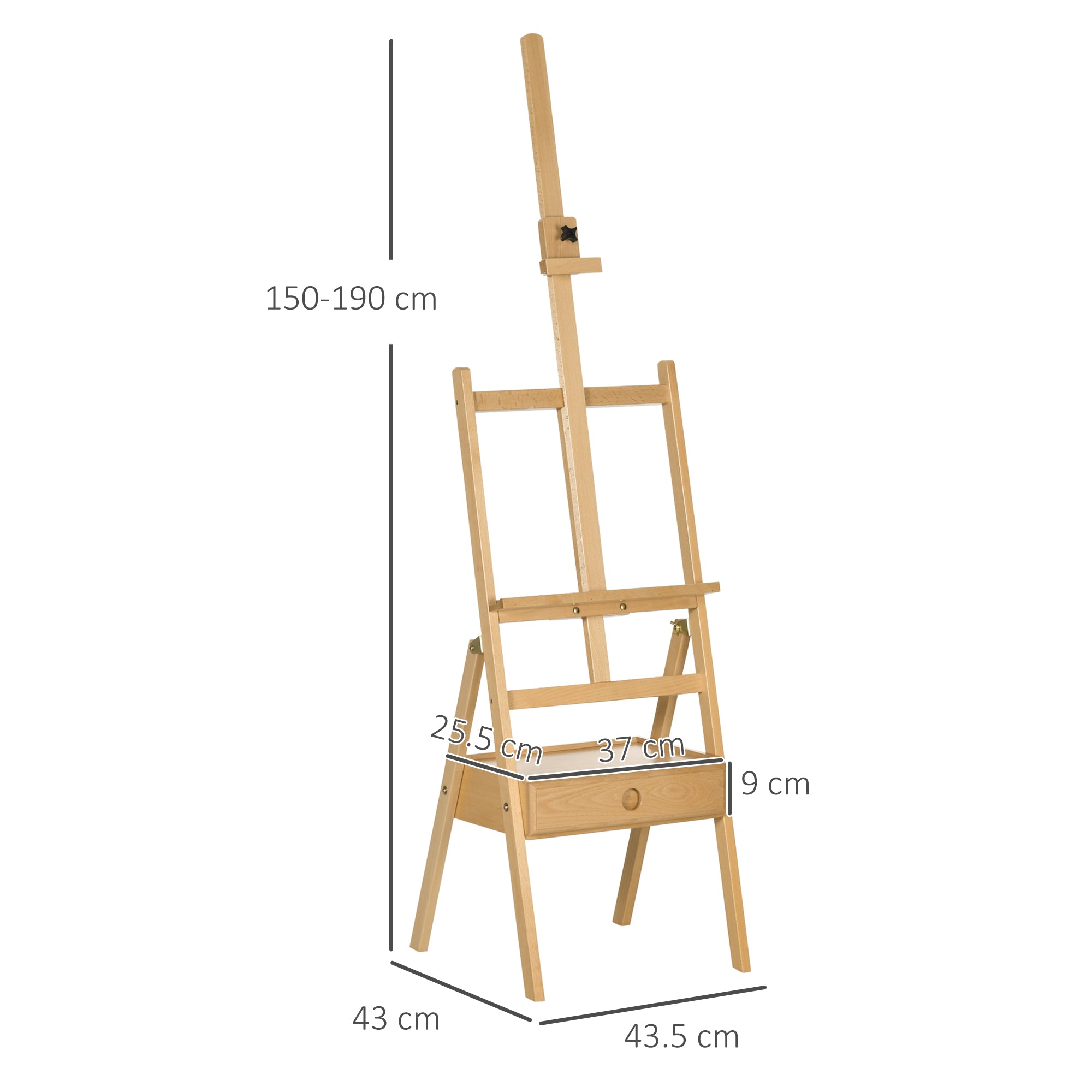 Height-Adjustable Painter's Easel with Drawer, Beech Wood, 43.5x43x150-190 cm