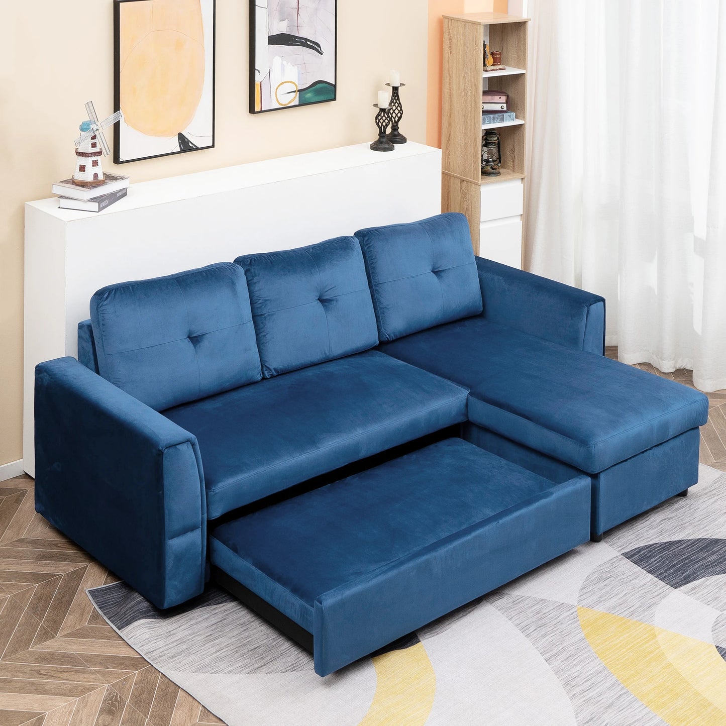 ALEA | 3 Seater Velvet Effect Corner Sofa Bed and Chaise with Storage, 232x141x85cm, Blue