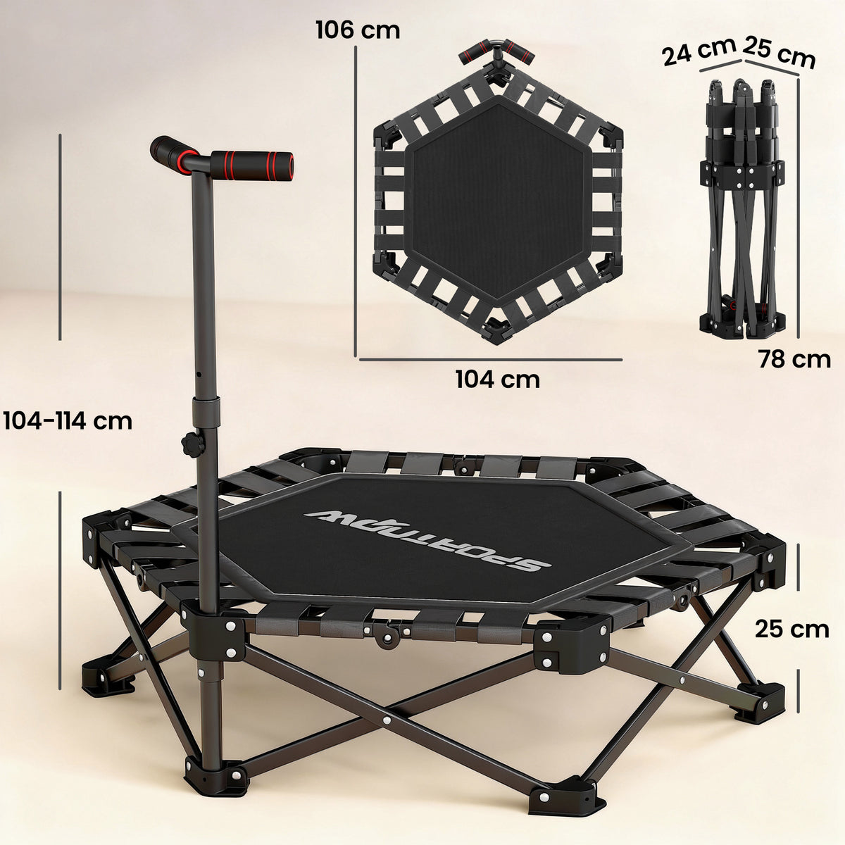 SPORTNOW 104cm Foldable Adult Trampoline with One-Step Opening and Closing System, Adjustable Handle and 24 Bungee Springs, Black