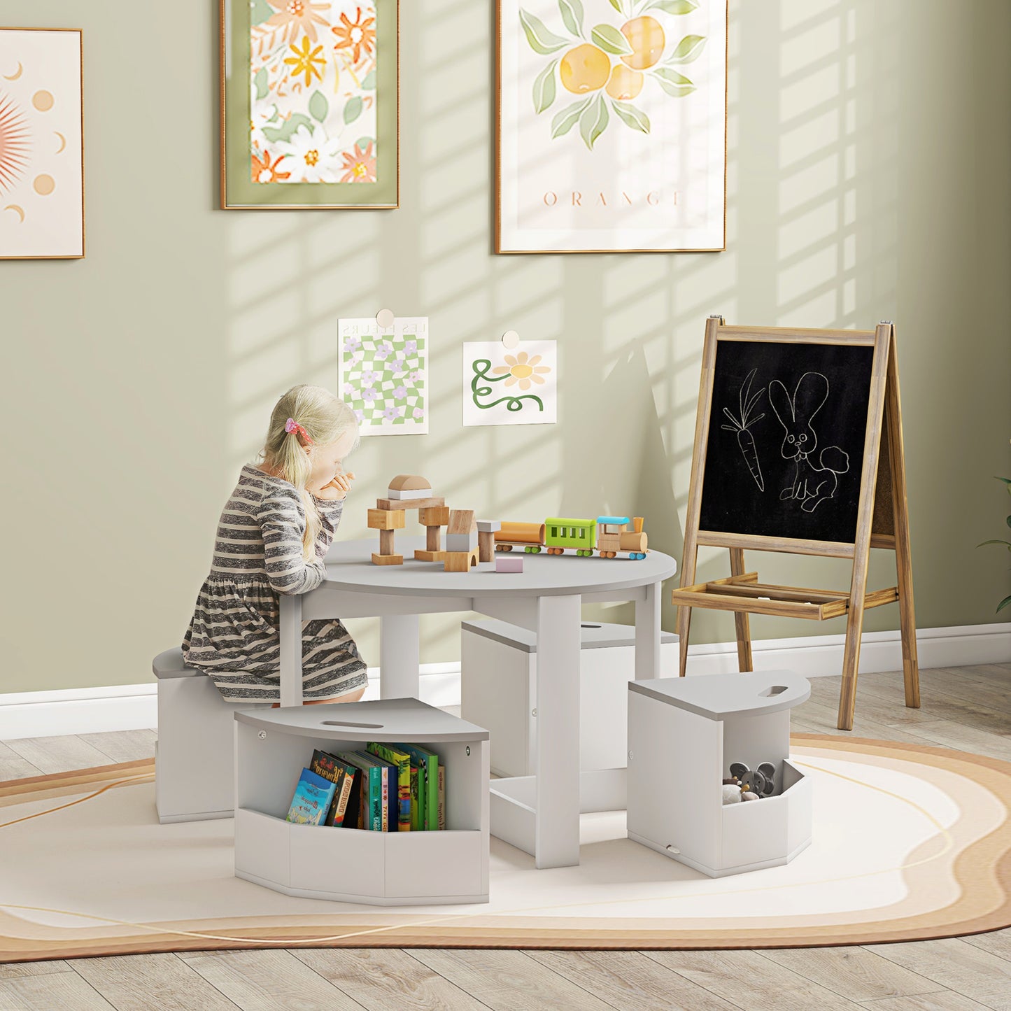 Children's Table and 4 Stools Set with Space-Saving Storage in Wood, Grey